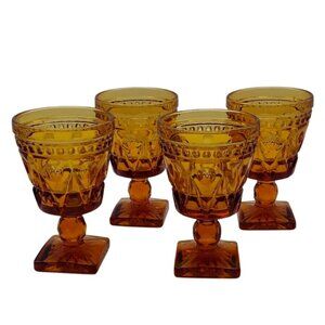 Vintage Indiana Glass Colony Park Lane Daisy Amber Footed Water Goblets Set of 4